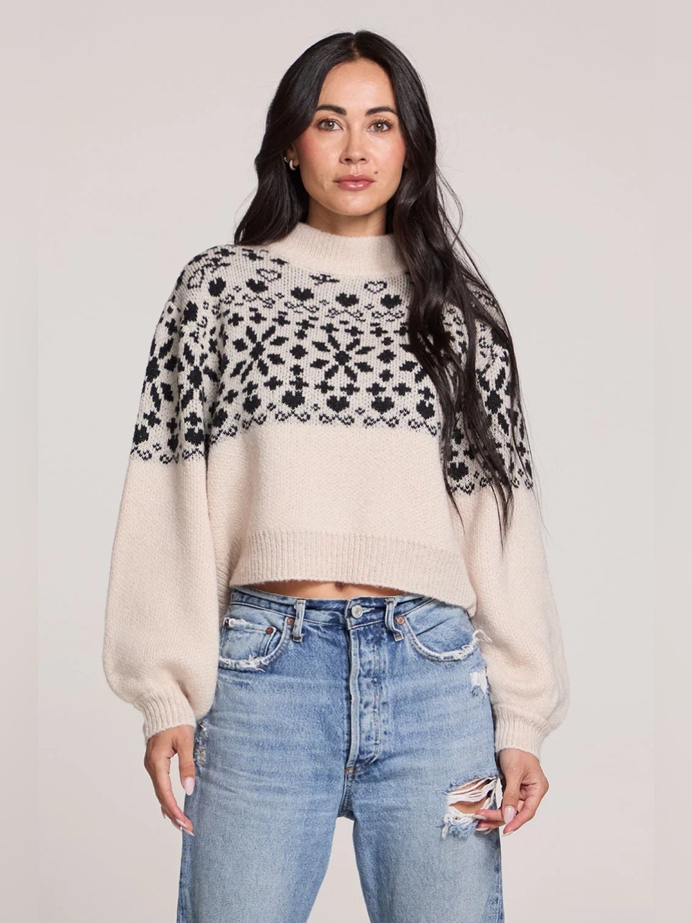 Saltwater Luxe Emilia Fair Isle Cropped Mock Neck Sweater Wool Mohair